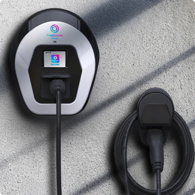 Close‑up view of a home wallbox charger showing simple and convenient charging for Citroën ë‑Berlingo.