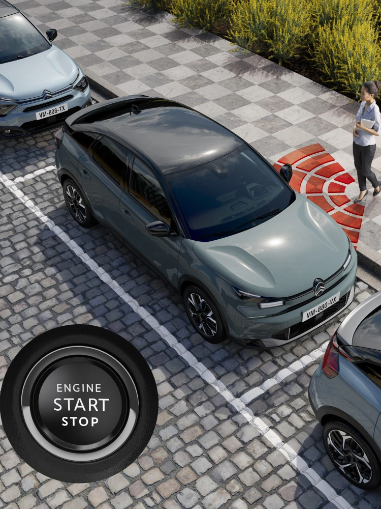 Top view ë-C4 highlighting keyless Entry & Start, convenience and technology for an effortless and serene access experience